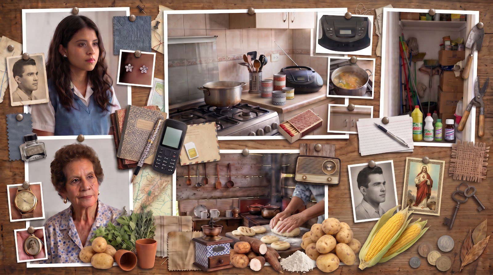 Tablero de investigación de Añoranza: retratos de Claudina y Sofía, la cocina, la olla, la radio, el celular y objetos de las dos líneas temporales